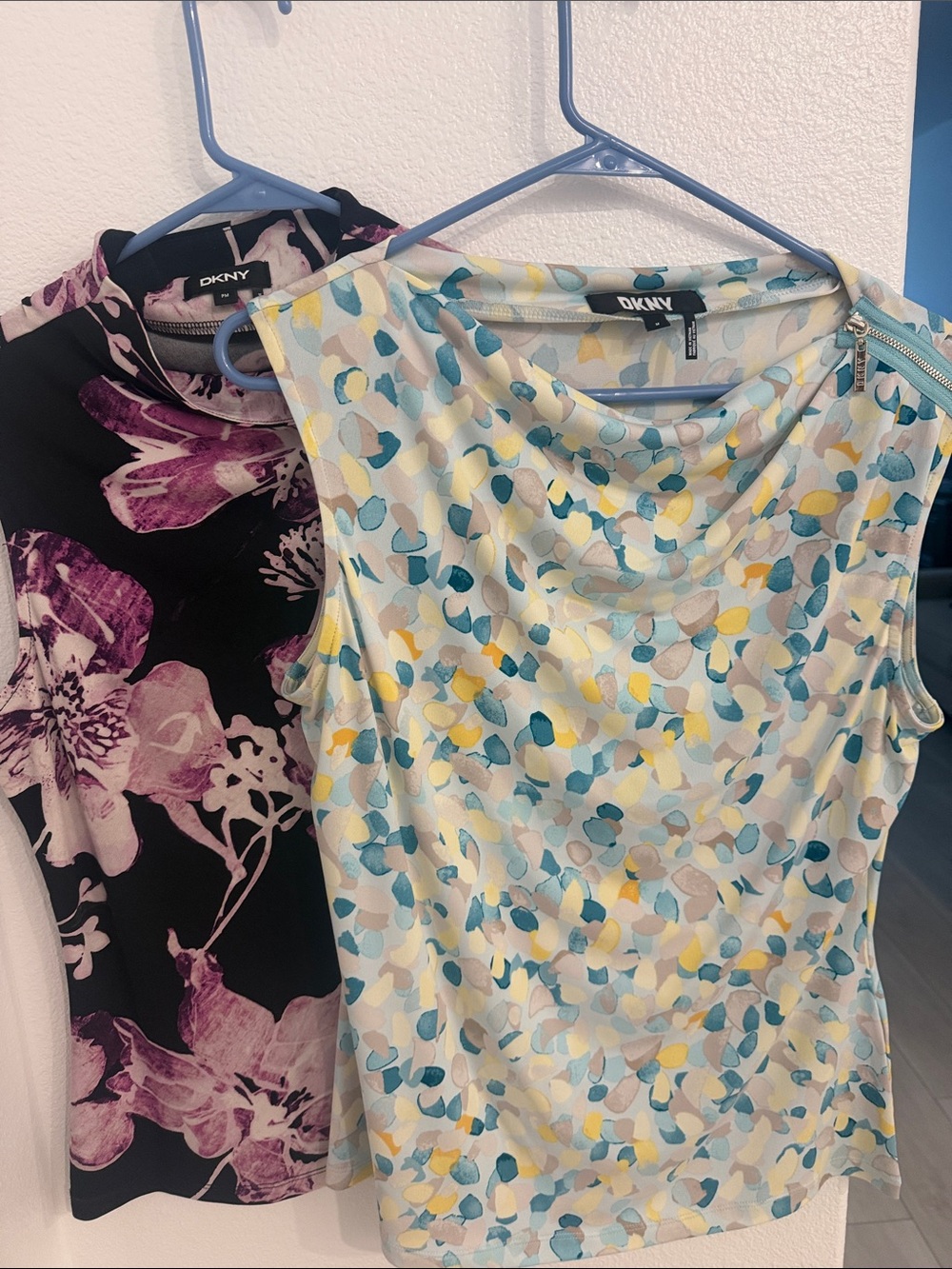 DKNY Sleeveless Camisole Duo — Pastel Blue/Yellow Confetti + Black/Purple Floral